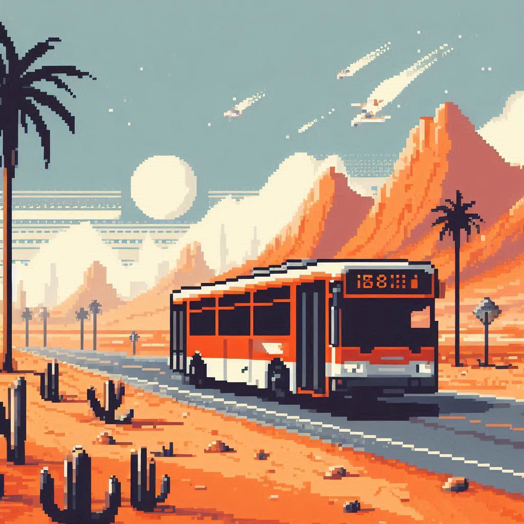 a pixel art image of a commuter bus in a desert